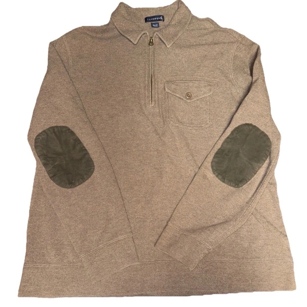 Lands End Mens XLT 1/4 Zip Brown Sweater Suede Elbow Patches Preppy Academia